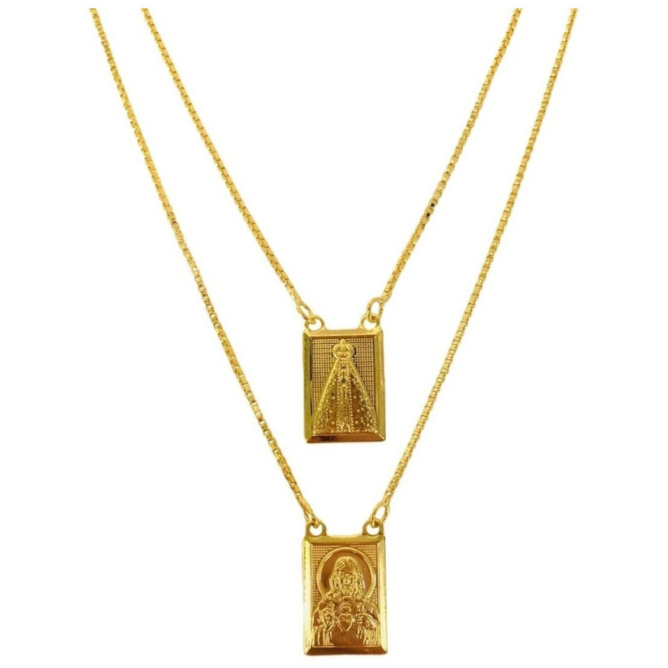 Escapulário Nossa Senhora Aparecida E Sagrado Coração De Jesus Dourado Corrente Banhado a Ouro 18K