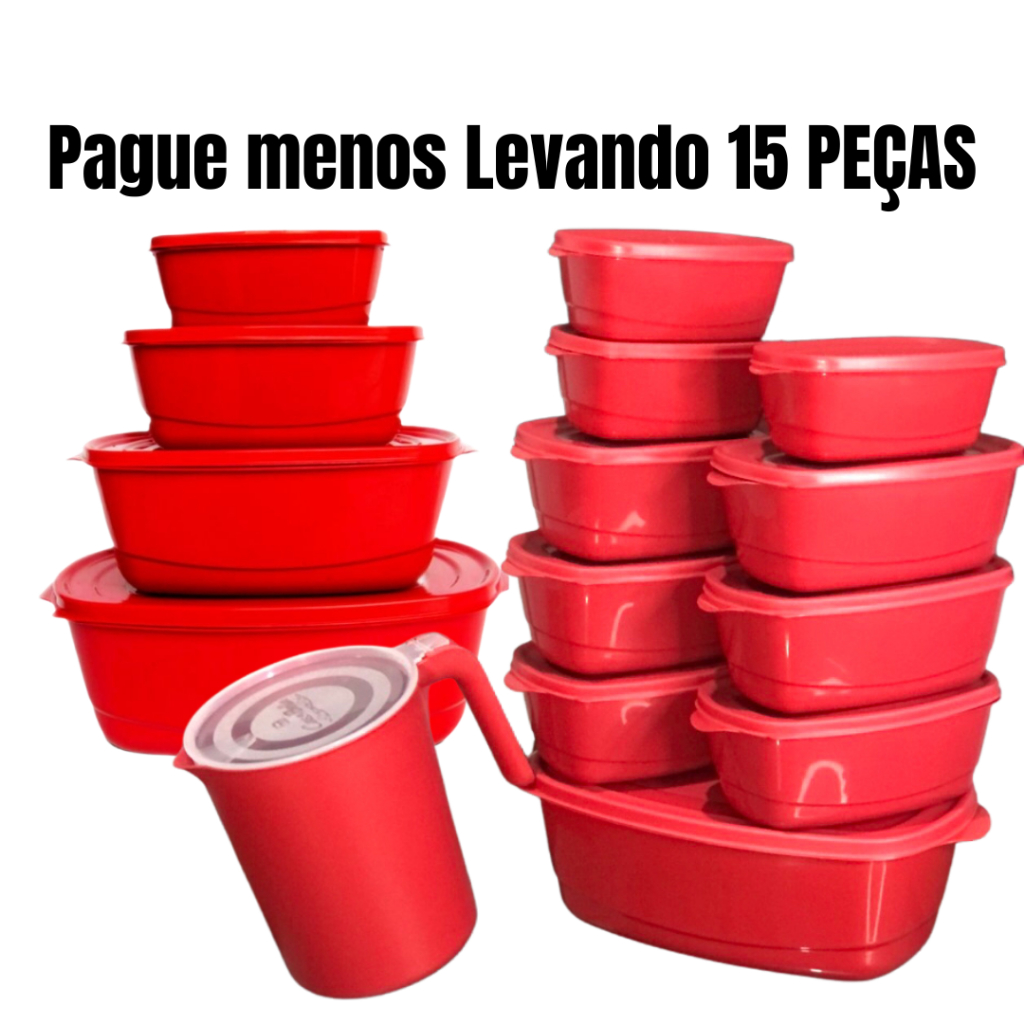 Kit de Potes Para Alimentos 11 e 15 Peças, Vasilhas Herméticos de Plástico + Jarra 1800 Ml