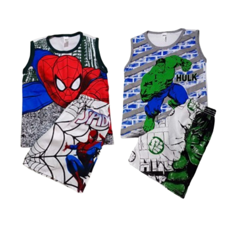 Kit 2 conjuntos HOMEM ARANHA e HULK  conjunto personagem infantil regatas +  bermudas com elástico ano novo - natal -
