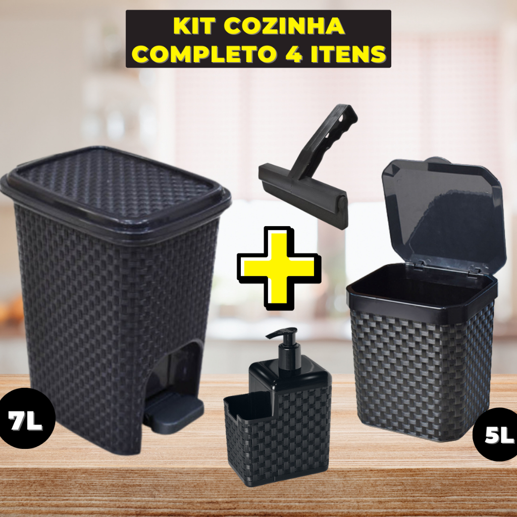 Kit Lixeira Pia 5 Litros + Lixeira 7 Litros c/ Pedal + Porta Detergente Sabão + Rodinho de Pia