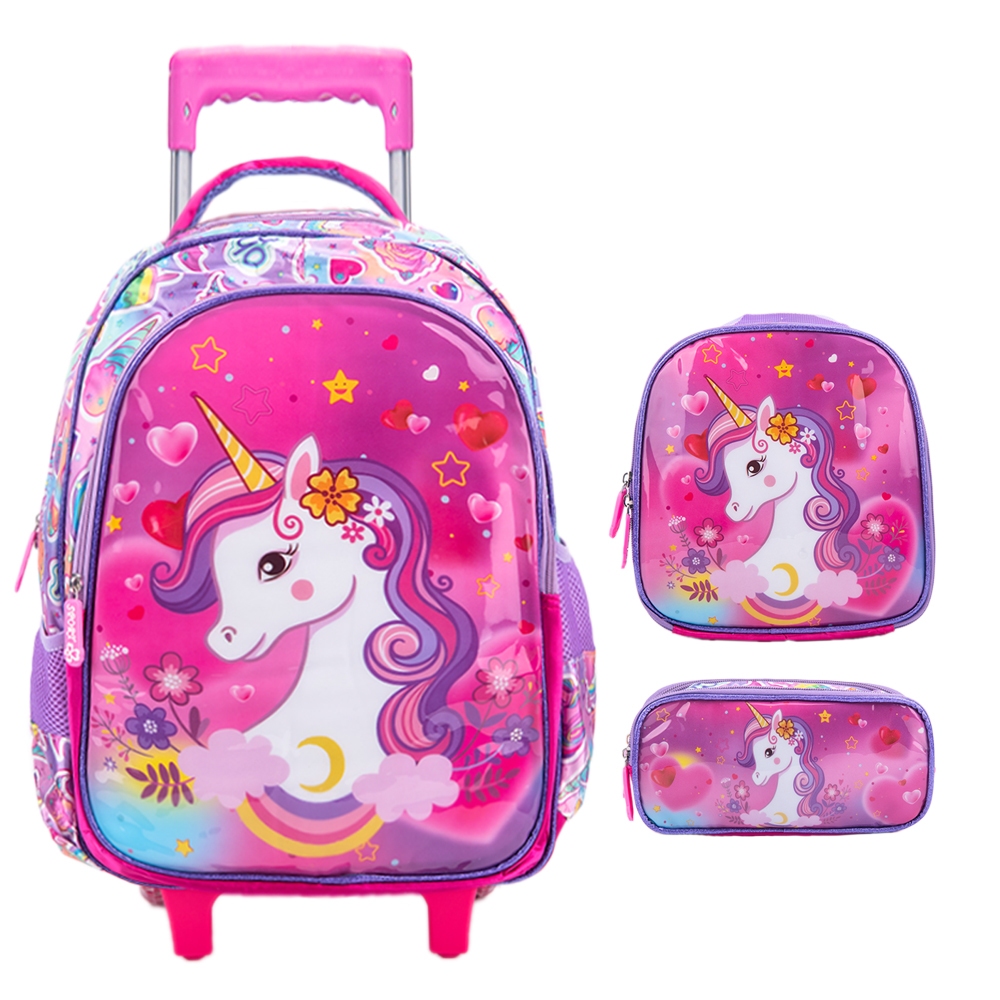 Kit Mochila Escolar Infantil de Rodinhas Menina Menino Bolsa Resistente Impermeável Com Lancheira e Estojo kkk