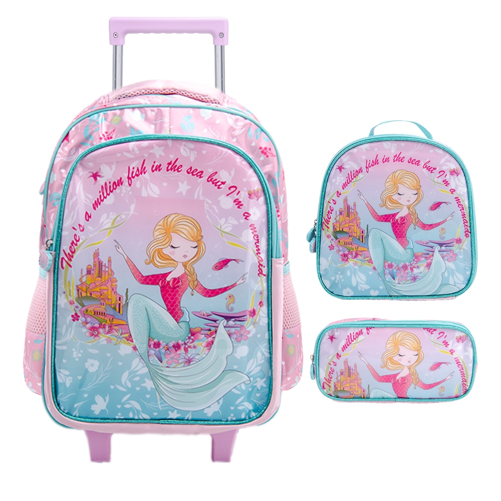 Kit Mochila Escolar Infantil de Rodinhas Menina Bolsa Resistente Impermeável com lancheira e estojo
