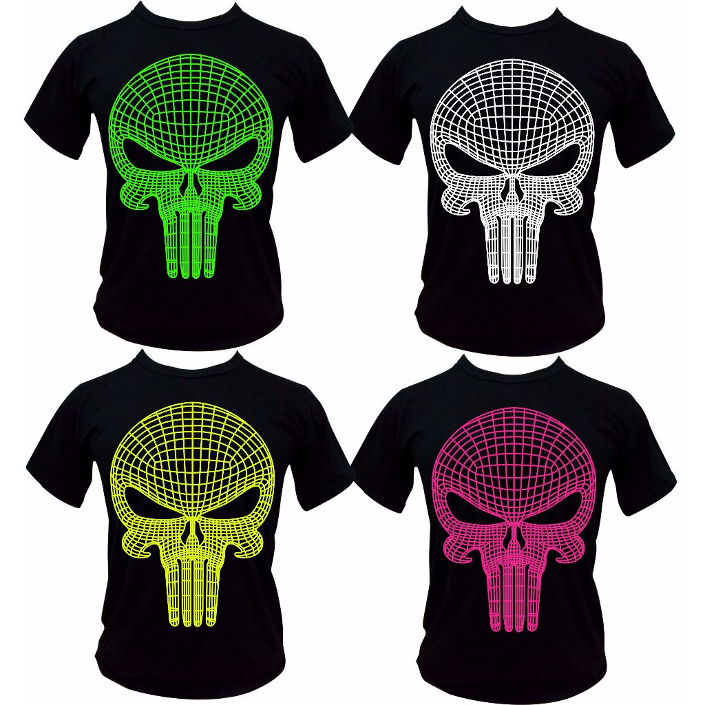 Camiseta Justiceiro 3D cores neon ( Verde, Amarelo, Pink ) para luz negra, 100% Algodão em Oferta na Shopee