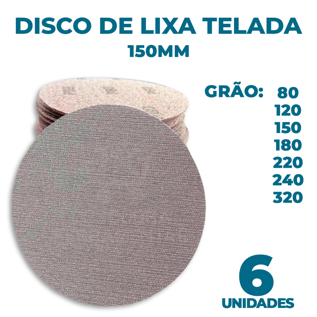 Kit 6 Discos de Lixa Abrasivo Telada 150mm 6'' Lixadeira Orbital para Massa Corrida Drywall Madeira