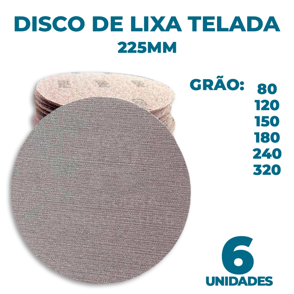 Kit com 6 Discos de Lixa Abrasivo Telada 9'' 225mm para Lixadeira Massa Corrida Drywall Parede Teto