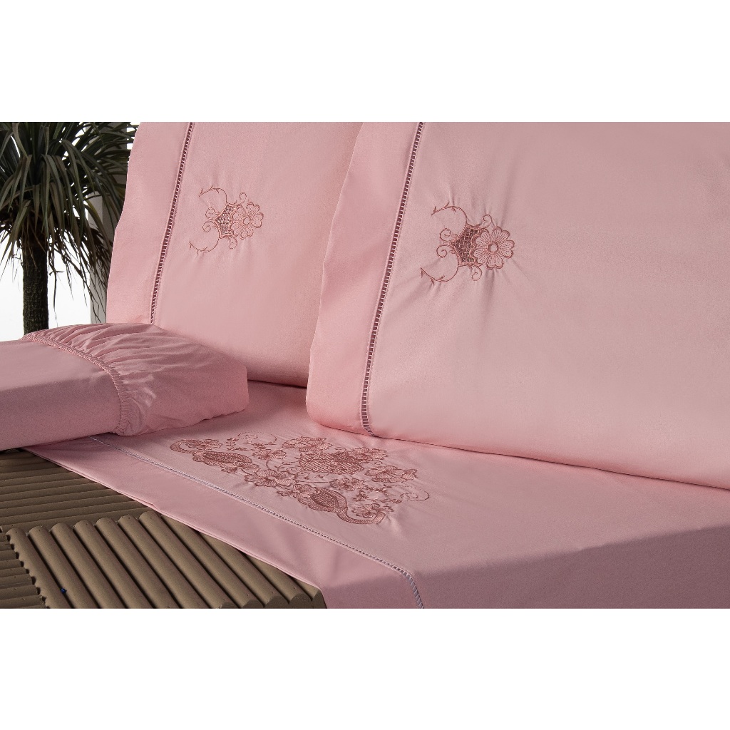 Jogo Lençol Queen Bordado Crivo 4 Peças 200 Fios 100% Algodão Percal em Oferta na Shopee