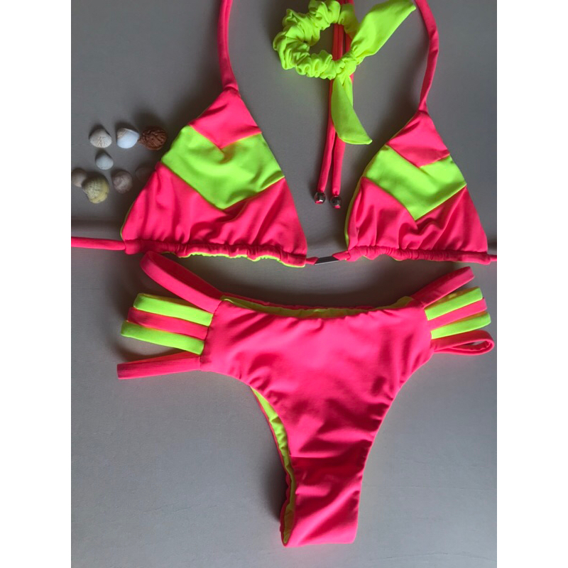 Biquíni todo dupla face cortininha com calcinha de tirinhas - rosa neon com amarelo neon