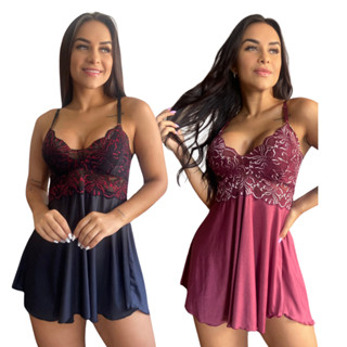 Kit 2 Camisolas Feminina Sensual Sem Bojo Luxo Rendada Lingerie Linha Noite Revenda - Pijama Feminino Adulto Camizola Roupa de Dormir Lisa Sexy com Detalhes em Renda Confortável Ref. 708