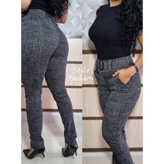 Calça Calca Feminina Alfaiataria Malha Crepe Cintura Alta Skinny Com Cinto e Bolso