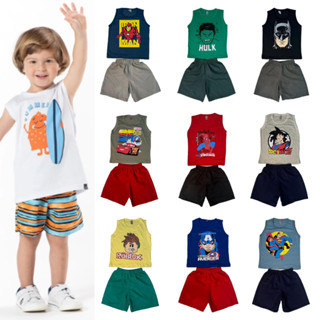 Kit 10 Peças de Roupas Infantil Menino Estampado Sortidos Com 5 Regatas + 5 Bermudas