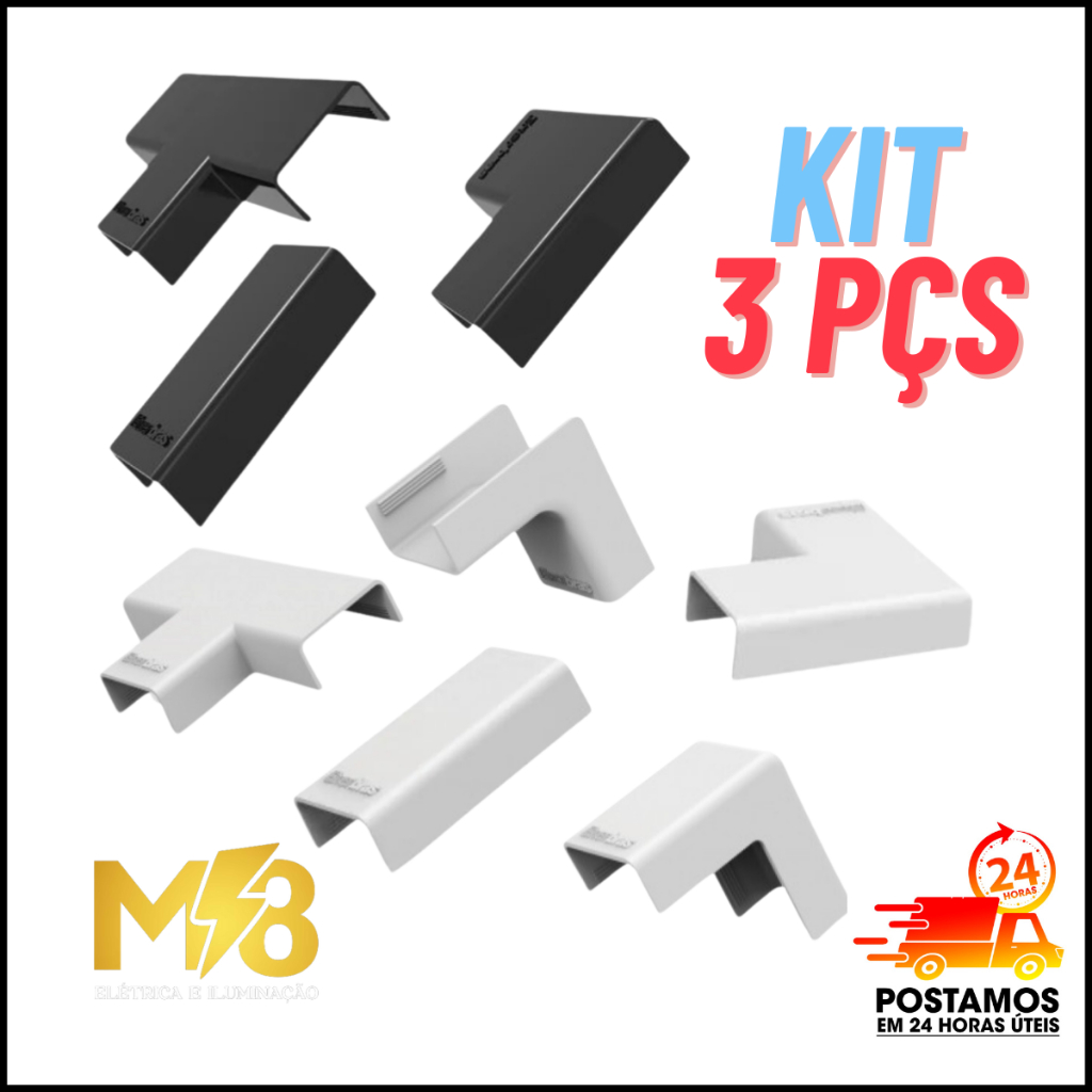Kit 3 Pçs Acabamento Canaleta 20x10mm Emenda Conectores PVC Luva Tê Cotovelo Branca ou Preta