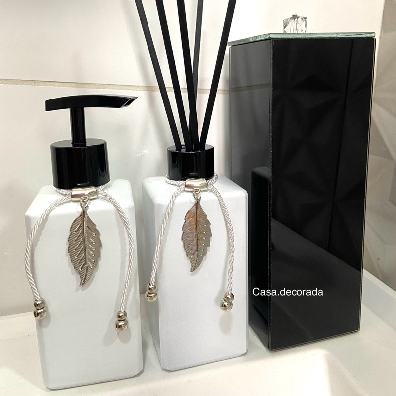 Kit Lavabo / banheiro Difusor de ambiente branco Pingente folha válvula pump preta Porta Escova de dente preto /pasta Saboneteira