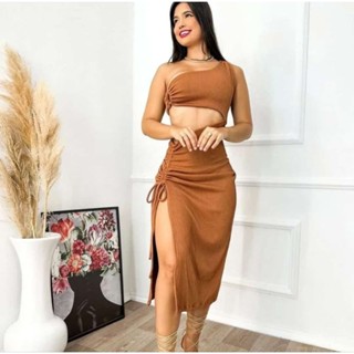 Tendência verão Vestido midi manga única fenda na perna