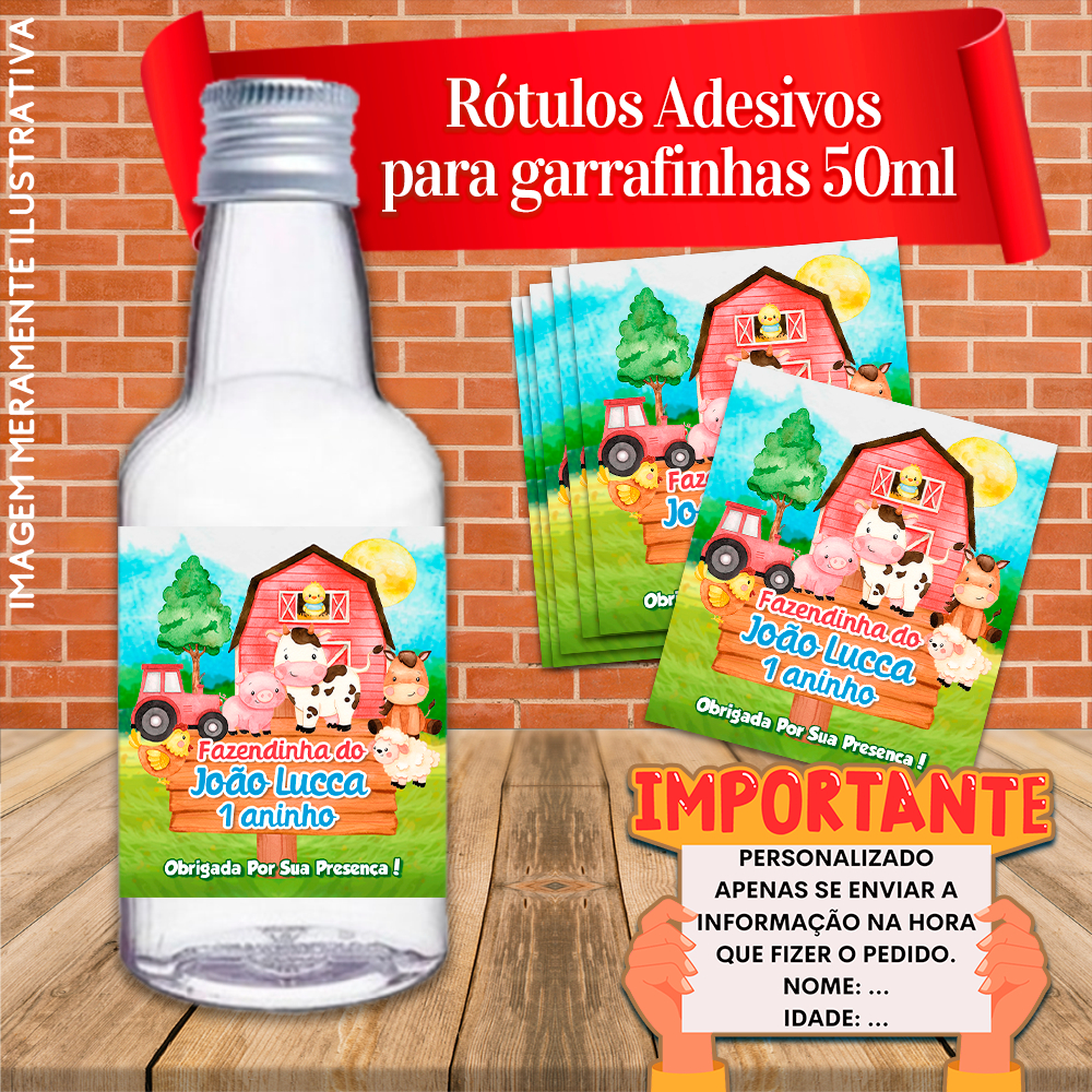 Rótulos Adesivos Personalizadas para Garrafinhas de 50ml Fazendinha Aquarelada menino