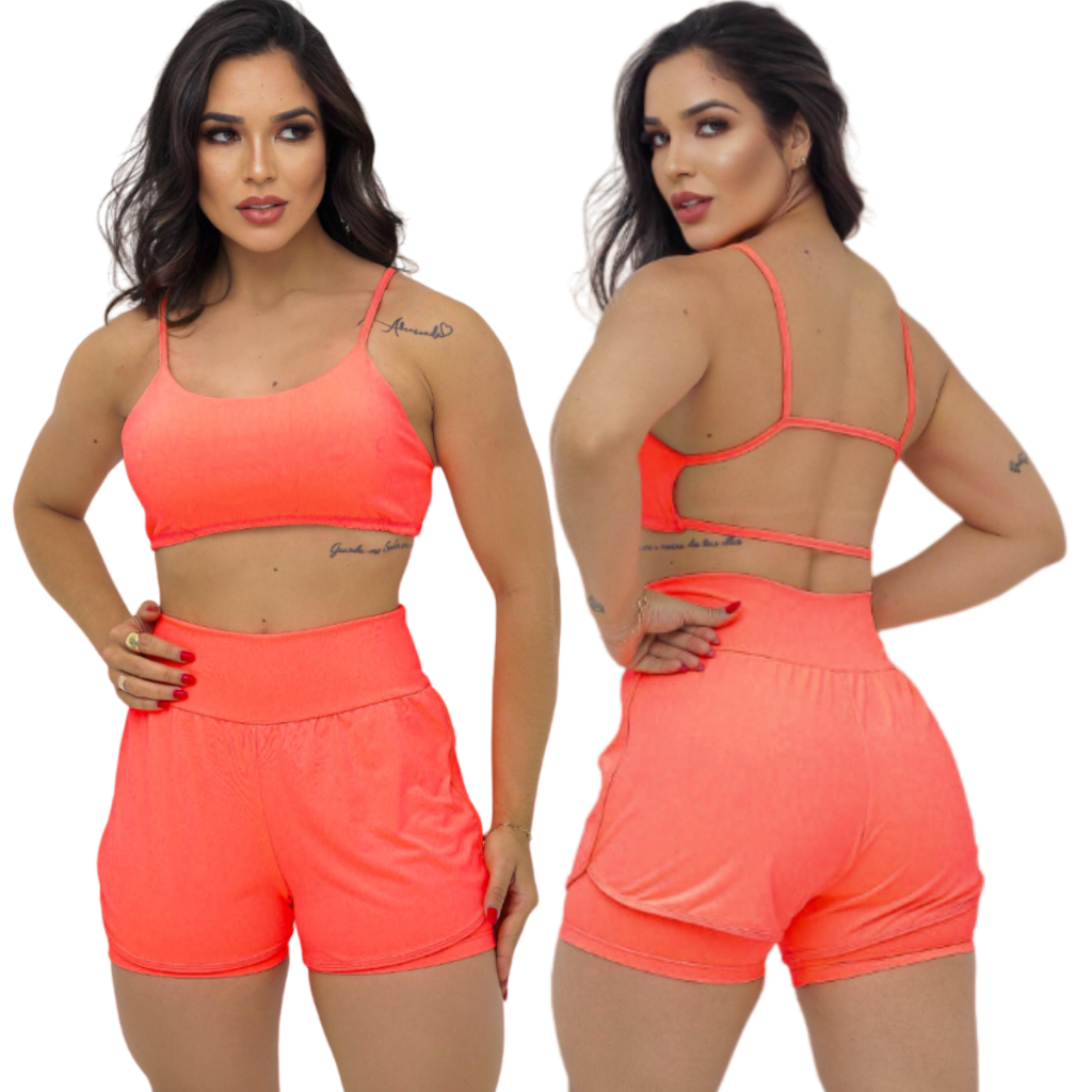 Short Duplo Feminino Fitness Academia Treino Caminhada Tendencia Estiloso com Forro Cintura alta