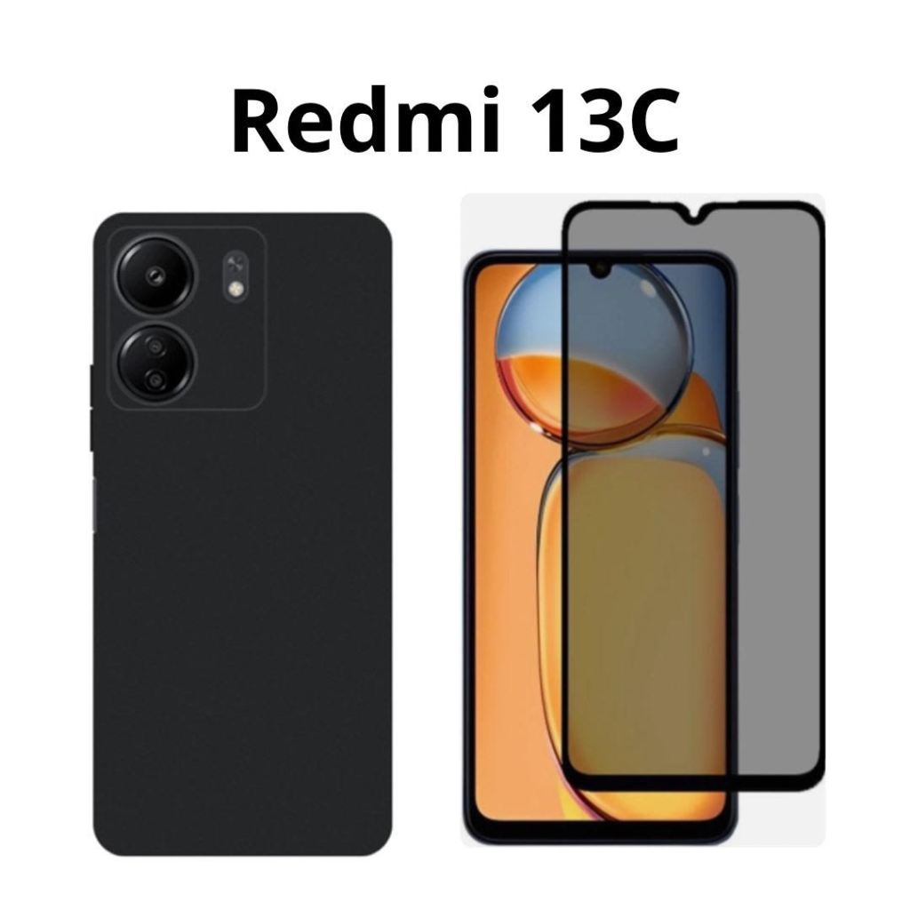 Kit 3X1 Xiaomi Redmi 13C - Capa Silicone Aveludada Preta + Pelicula Privacidade 9D+ Película  Câmera