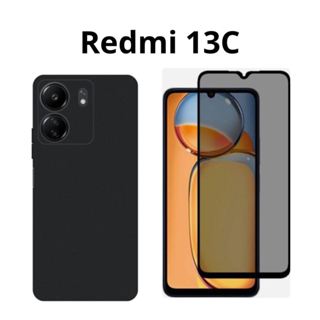 Kit 3X1 Xiaomi Redmi 13C - Capa Silicone Aveludada Preta + Pelicula Privacidade Vidro 3D + Película de Câmera Traseira Protetora