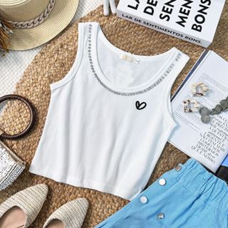 Blusa Regata Feminina Cropped T-Shirt Colete sem Mangas com Strass