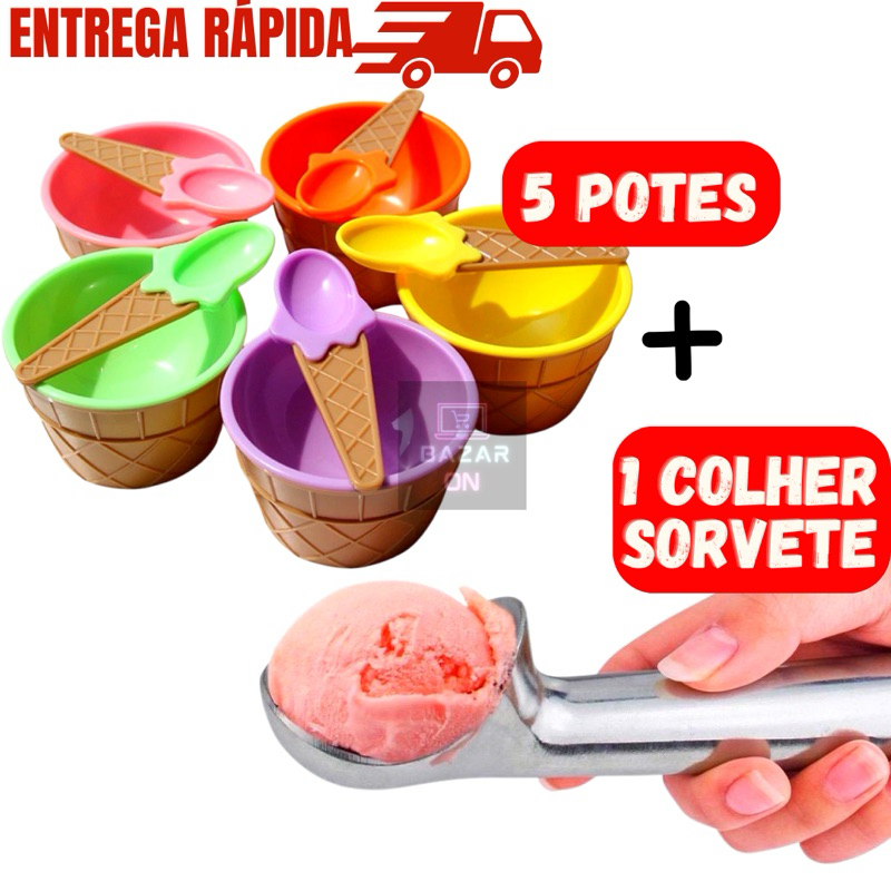Kit 5 Potes Tigela de Plástico Sobremesa Com Colher Sorvete Gelatina + Colher Pegador Concha de Sorvete Bola Açaí Sobremesa Alumínio Premium Morango Chocolate