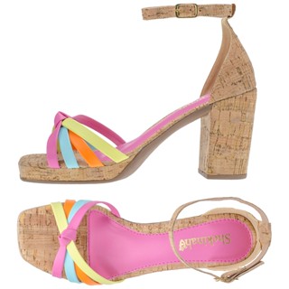 Sandália Feminina Meia Pata Salto Alto Bloco Quadrado Confortável Cortiça Multicolorida Shekinah Colorida Tendencia Blogueira Neon Moda Verão