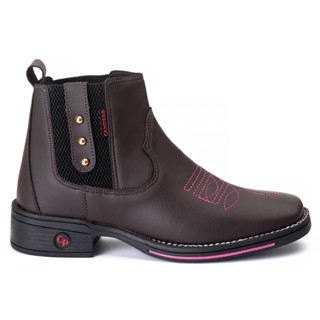 Bota Texana Feminina Cano Curto Bico Quadrado Couro Sintético