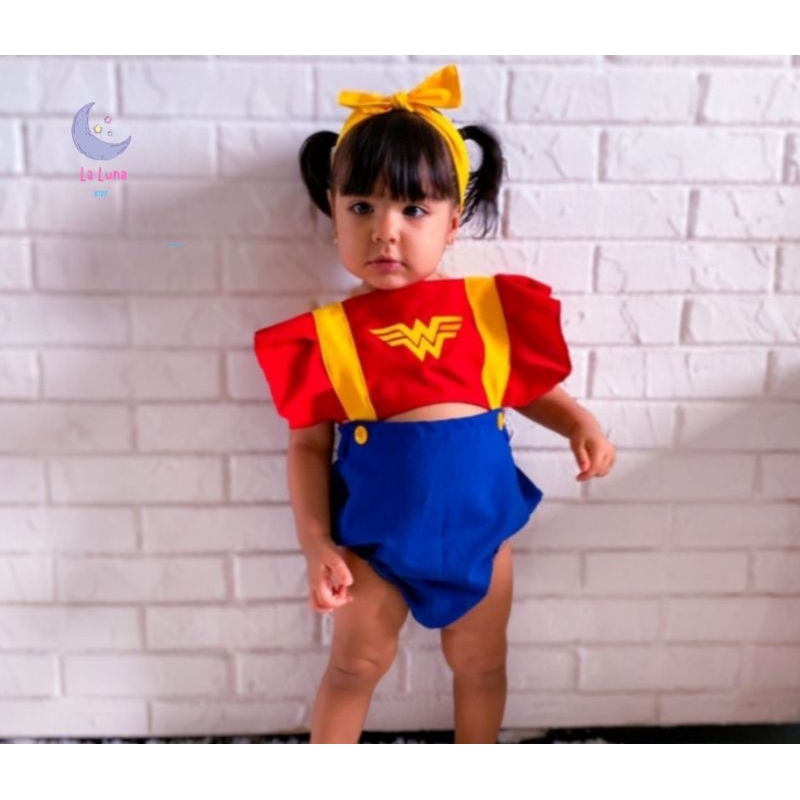 Romper Bebê Menina Mulher Maravilha Roupa Mesversario Mesario Maravilha Fantasia Jardineira Bori
