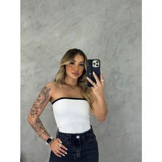 Body Tomara que Caia Canelado Anarruga Preto Branco Moda Chique roupas Femininas