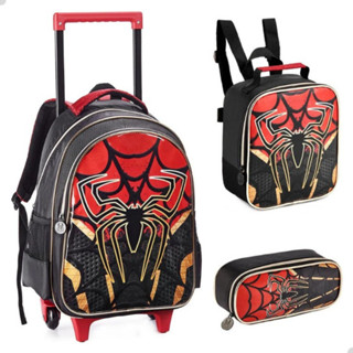 Kit Mochila Infantil de Rodinha Escolar com Lancheira Super Spider Homem Aranha Preto