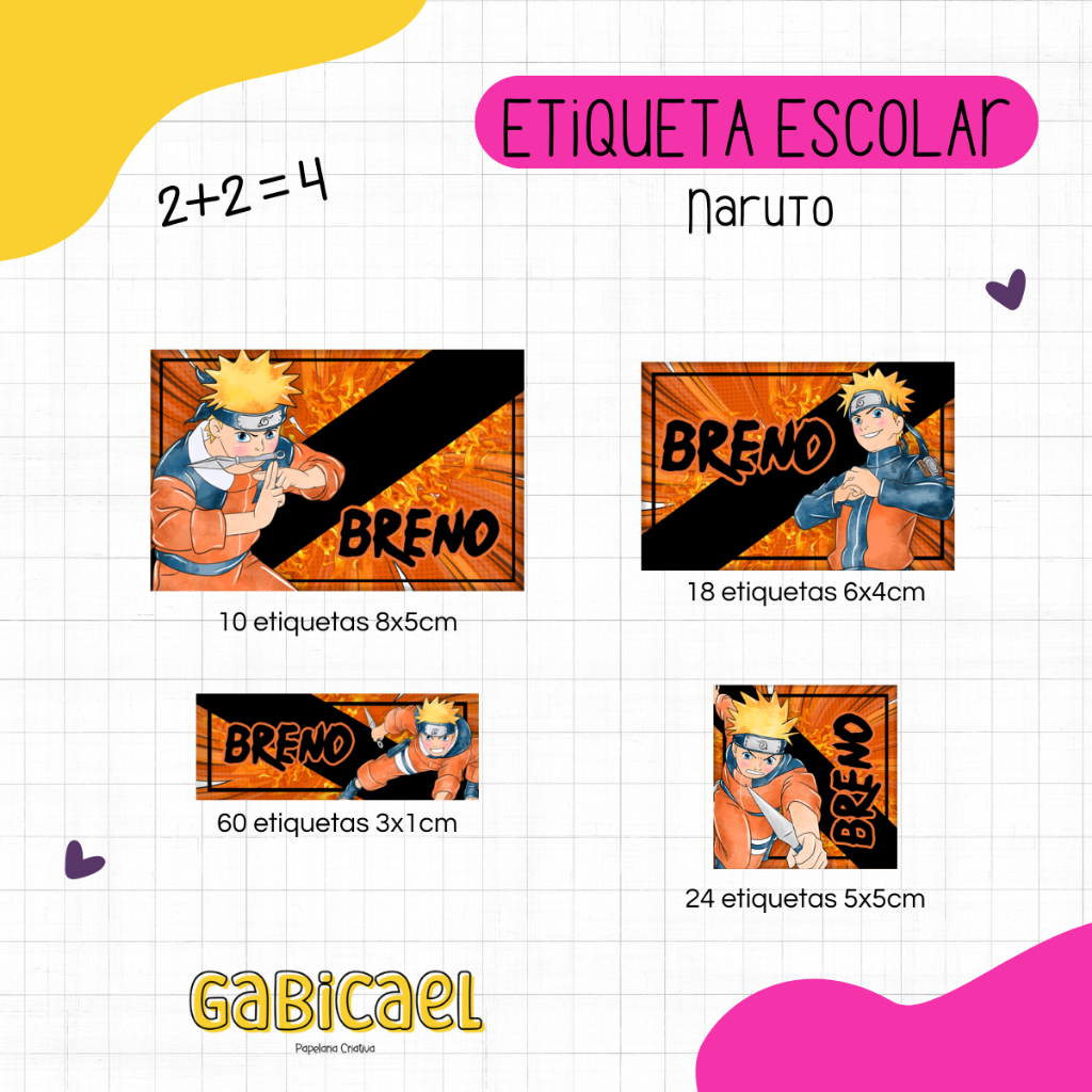 Kit 112 Etiquetas Escolares Personalizadas - Volta às Aulas - Naruto