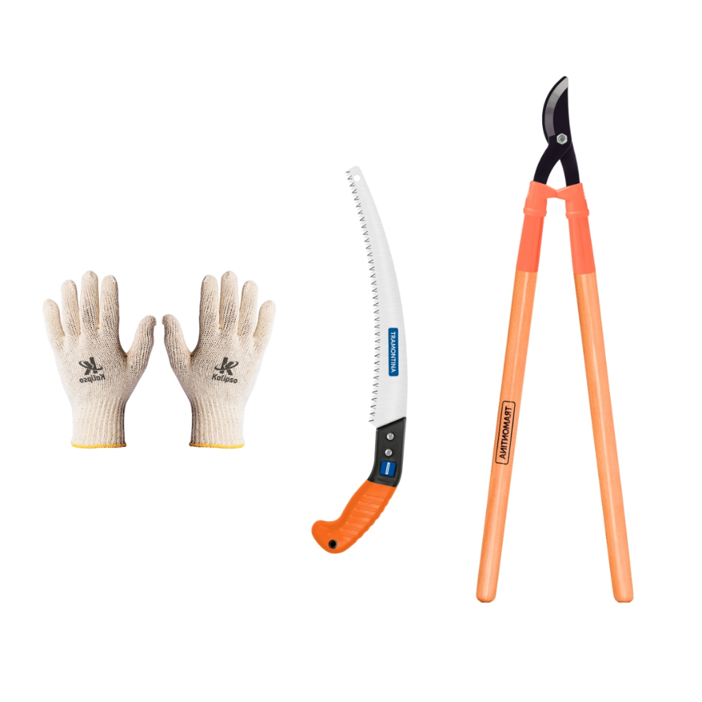 Tesourao De Poda Com Cabo 60cm E Serrote De Poda Fixo Tramontina + Luva Tricotada Pigmentada