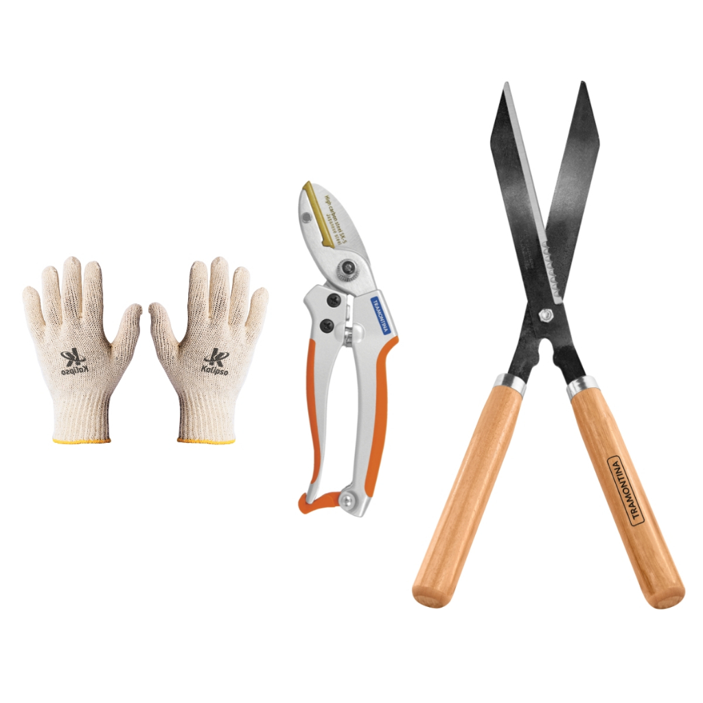 Kit Tesoura de Poda Tipo Anvil Tramontina + Tesoura de Grama com Lamina Serrilhada e Luva Multiuso