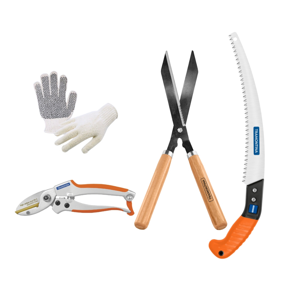 Kit Tesoura de Poda Tipo Anvil + Tesoura de Grama Serrilhada + Serrote Para Galhos Tramontina E Luva