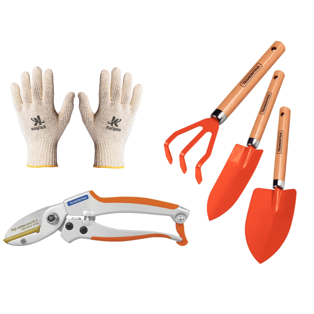 Conjunto Para Jardinagem Tramontina 3 Pçs + Tesoura De Poda Profissional Tipo Anvil  E Luva Multiuso
