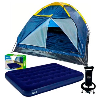 Kit Barraca para Camping Até 4 Pessoas + Colchão Casal + Bomba Manual