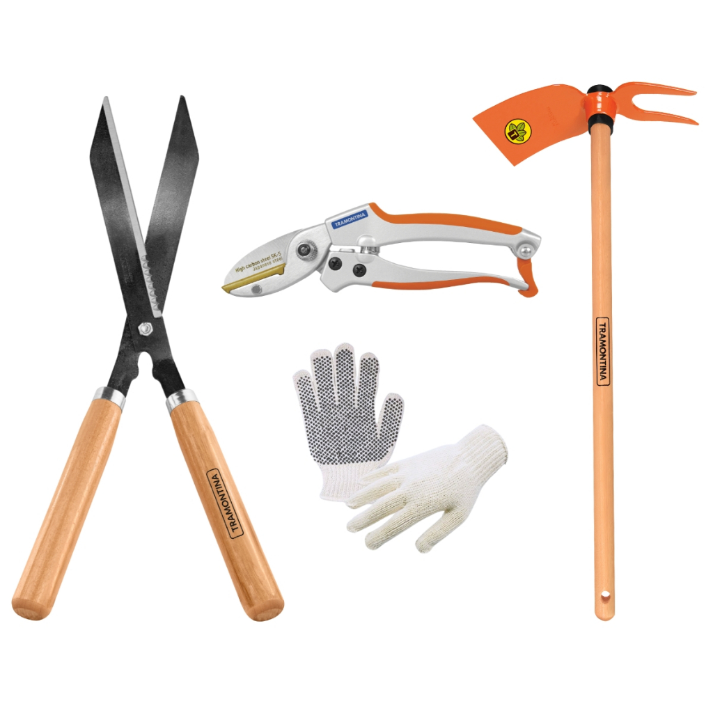 Tesoura de Poda Anvil + Tesoura P/ Grama Com Lamina Serrilhada + Sacho Duas Pontas Tramontina e Luva