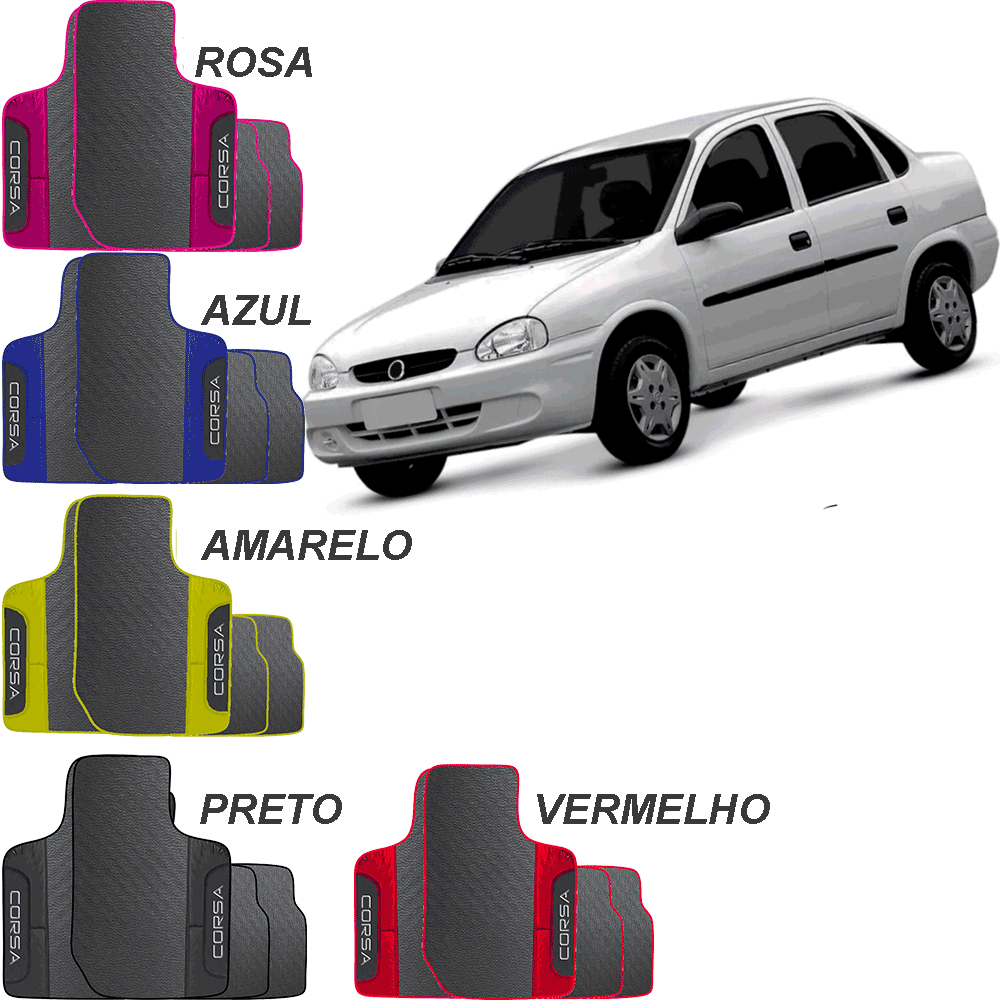 LINDO JOGO TAPETE 4 PEÇAS VERMELHO ROSA PRETO AZUL AMARELO CORSA SEDAN 1996 A 2009   EMBORRACHADO