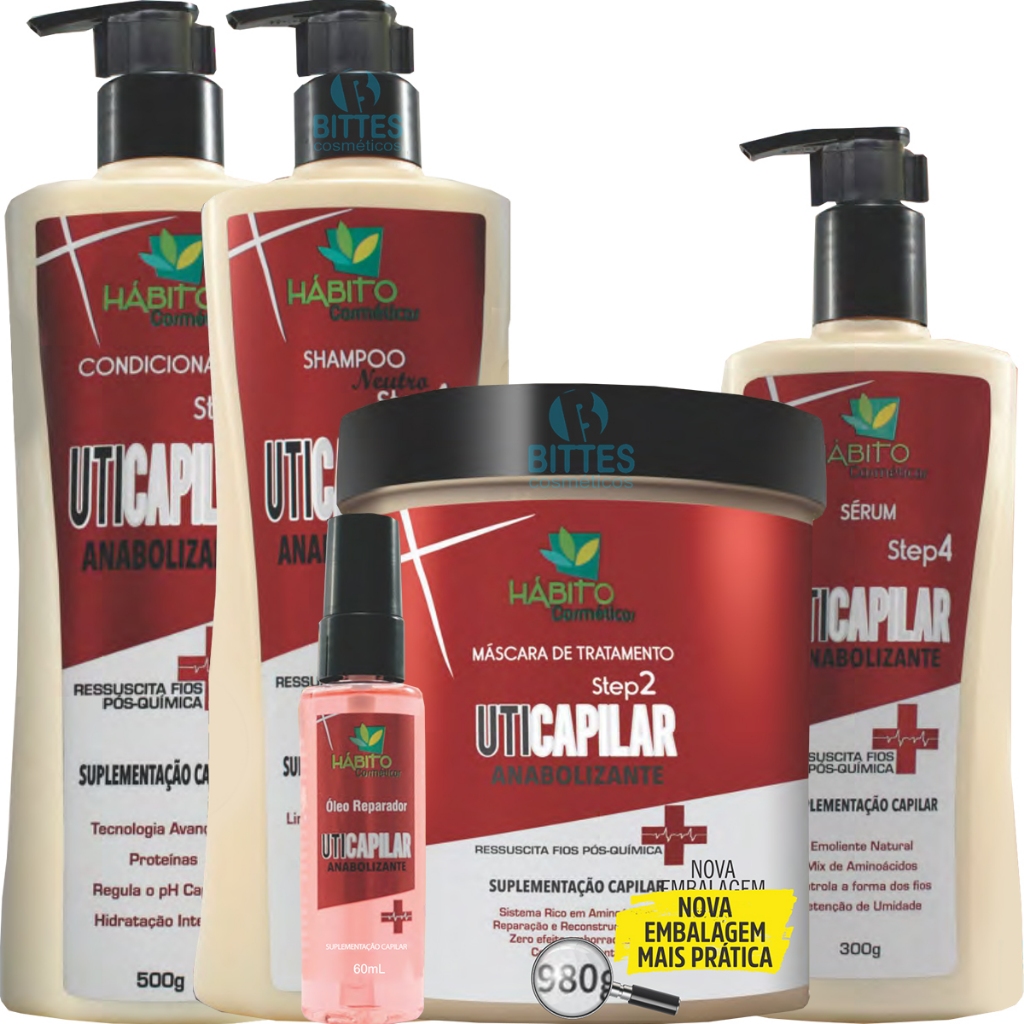 KIT UTI CAPILAR HÁBITO COSMÉTICOS COM QUERATINA E VINAGRE DE MAÇA RECONSTRUÇÃO COM ÓLEO REPARADOR