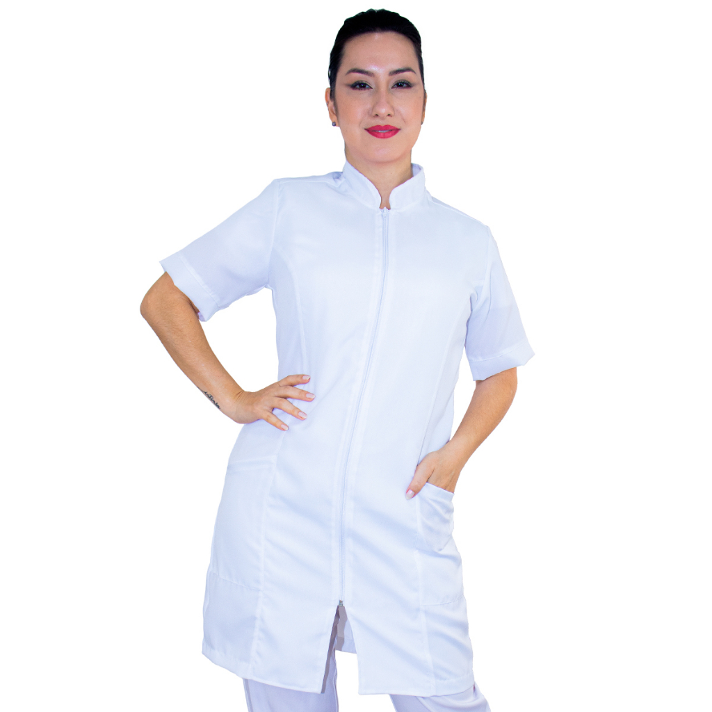 Jaleco Acinturado Manga Curta Oxford Feminino Com Zíper Branco Dentista Profissional Estudante em Oferta na Shopee