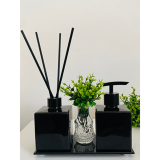 Kit Lavabo Banheiro Preto Com Bandeja Vasinho de Flor Moderno Luxo Sala