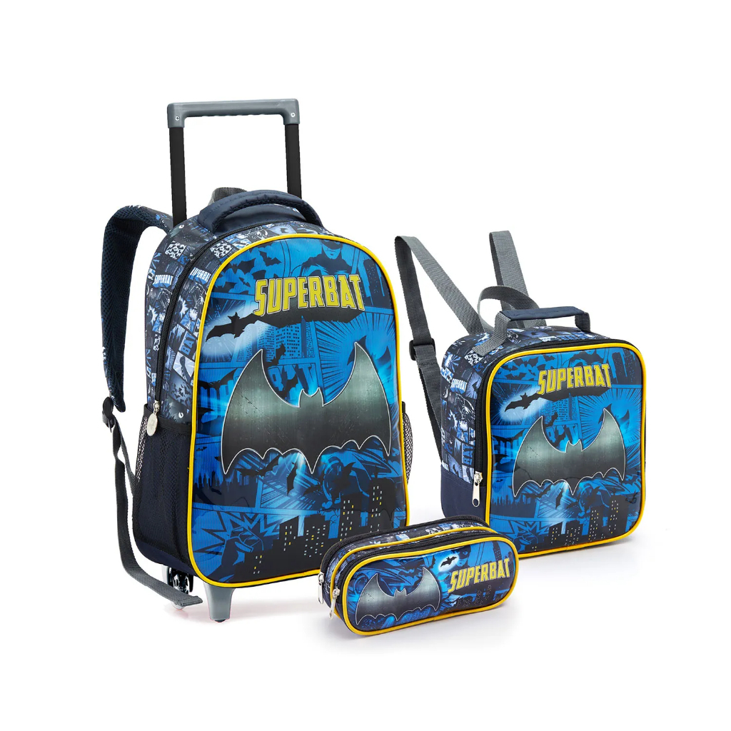 Kit Mochila Escolar Rodinha Mochilete Super Batman Lancheira Térmica + Estojo