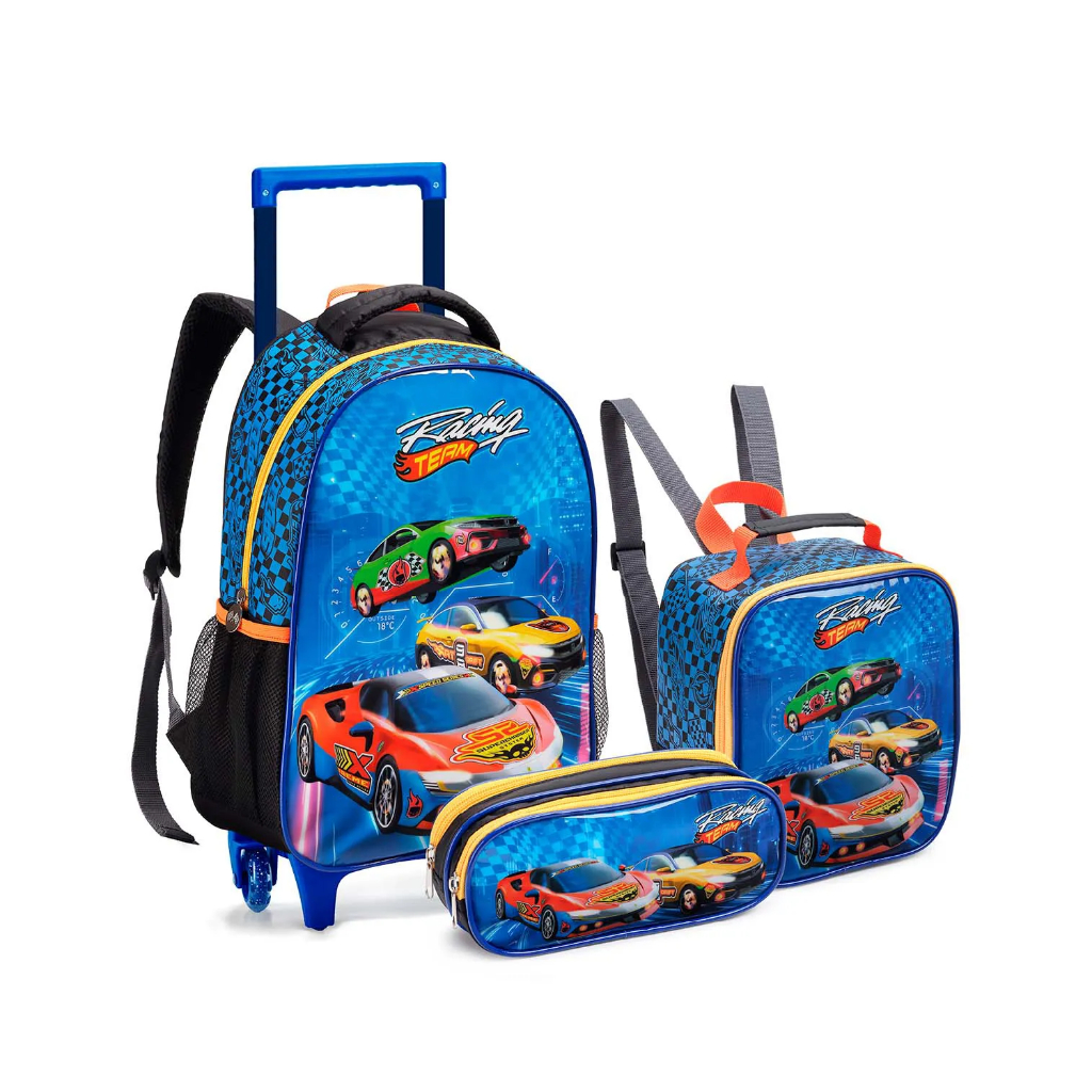 Kit Mochila De Rodinha Mochilete Lancheira Térmica + Estojo Carros Racing Team