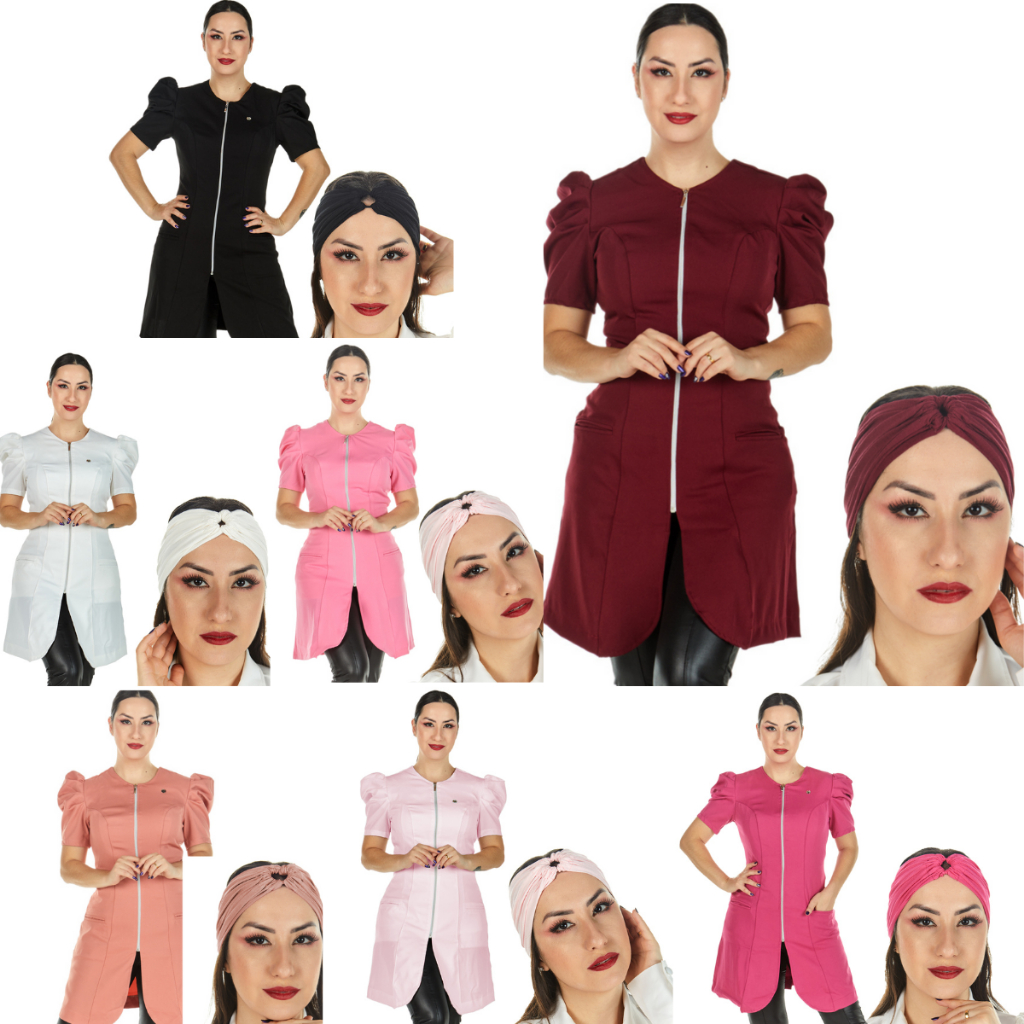 Jaleco Feminino Manga Curta Bufante Princesa Acinturado Two Way Elastano Esteticista Profissional Estudante Dentista Salão de Beleza Com Faixa 2 em 1 Turbante de Cabelo