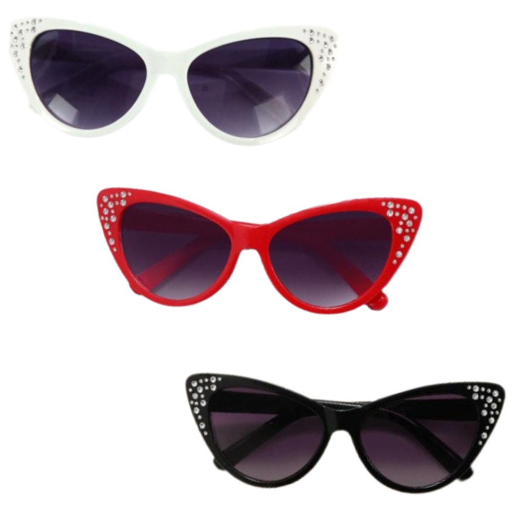 Óculos de Sol Gatinha Olho de Gato de Festa com Pedrinhas Strass Infantil Feminino Vintage Retrô Fantasia Carnaval
