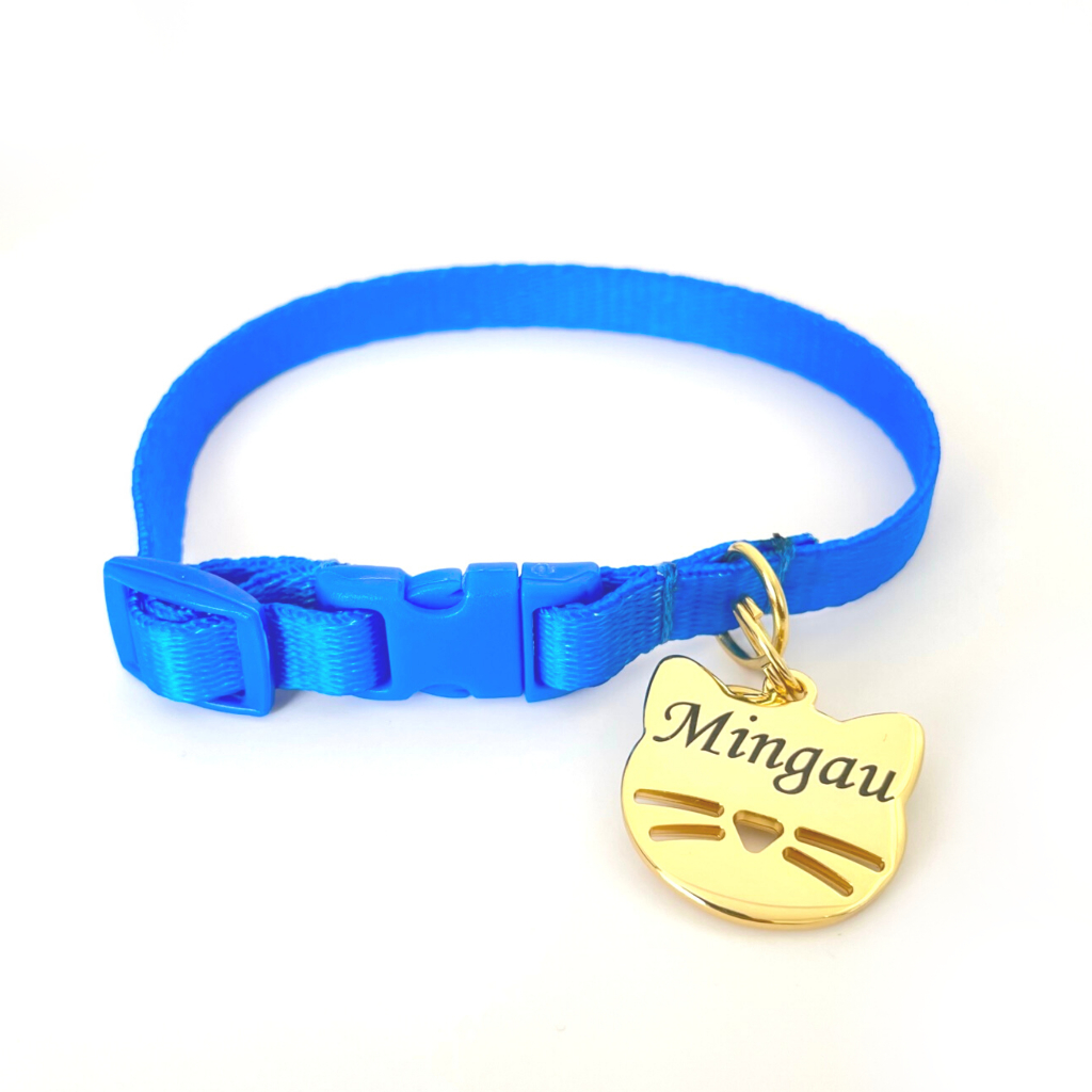 Coleira para gato de luxo dourado com nome gravado e telefone