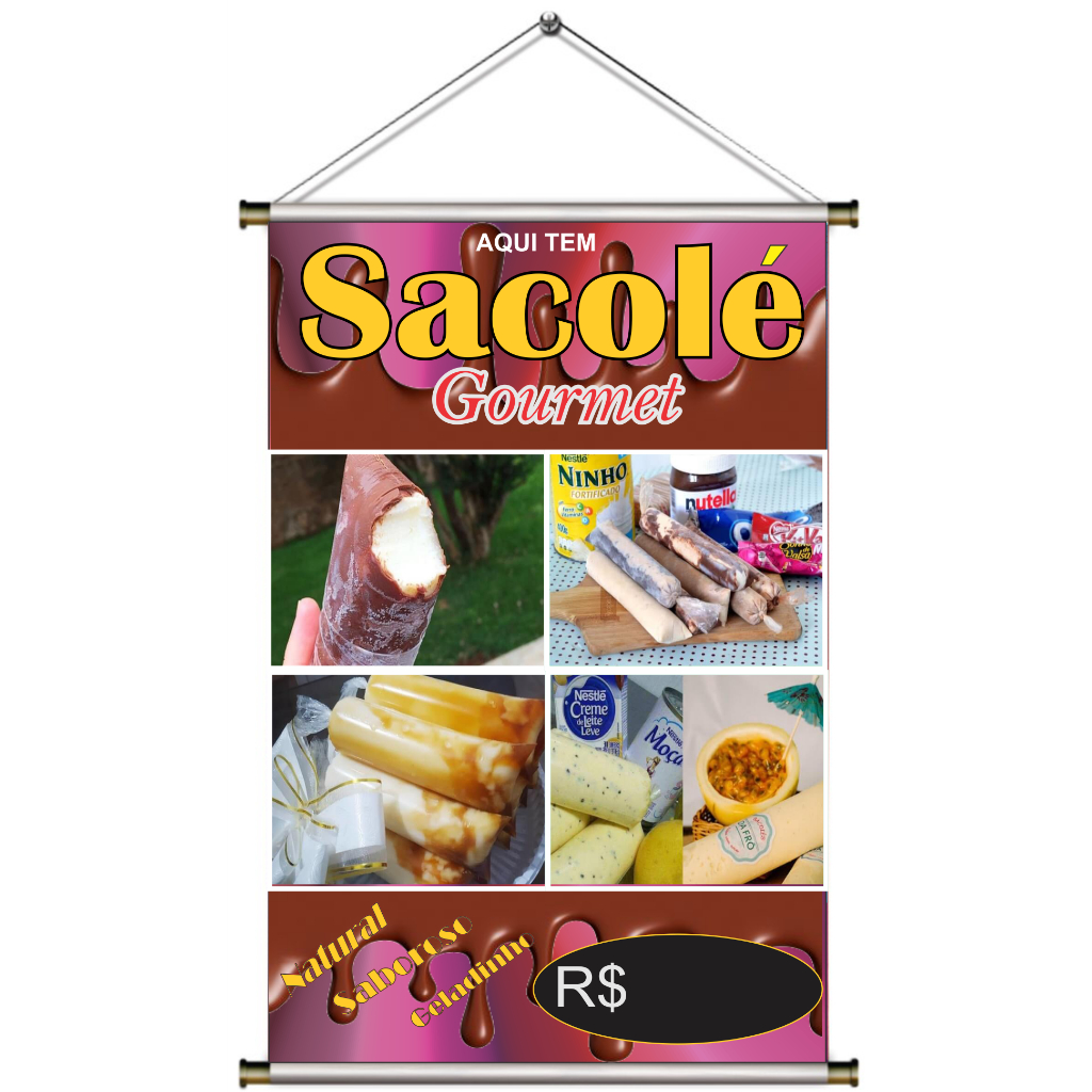 SACOLÉ GOURMET - GELINHO -  Dindin BANNER 40X60 ARTE PRONTA em Oferta na Shopee