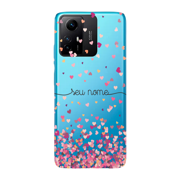Capinha para Xiaomi Redmi Note 12s Anti Impacto Personalizada - Chuva de corações rosa com nome
