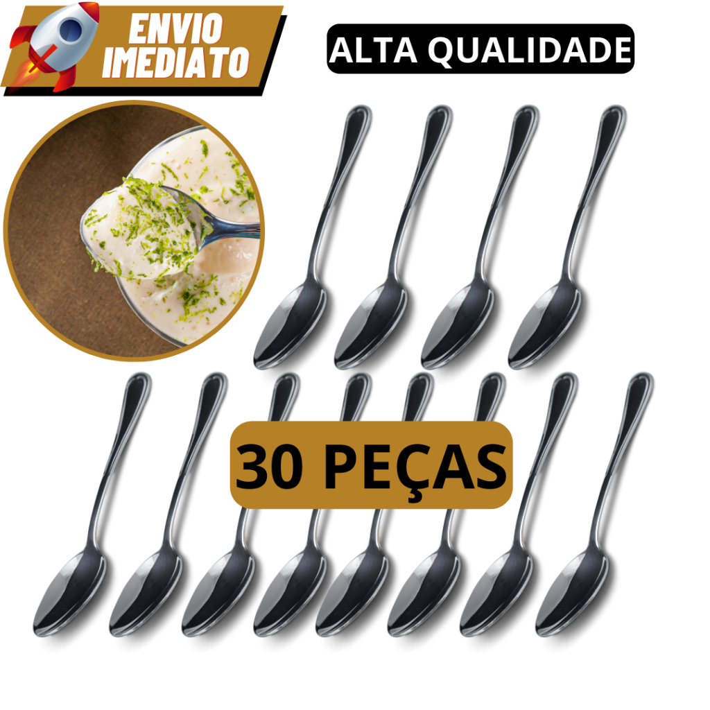 Kit 30 Colher Para Sobremesas Talheres de Aço Inox Luxo Reutilizável Faqueiro