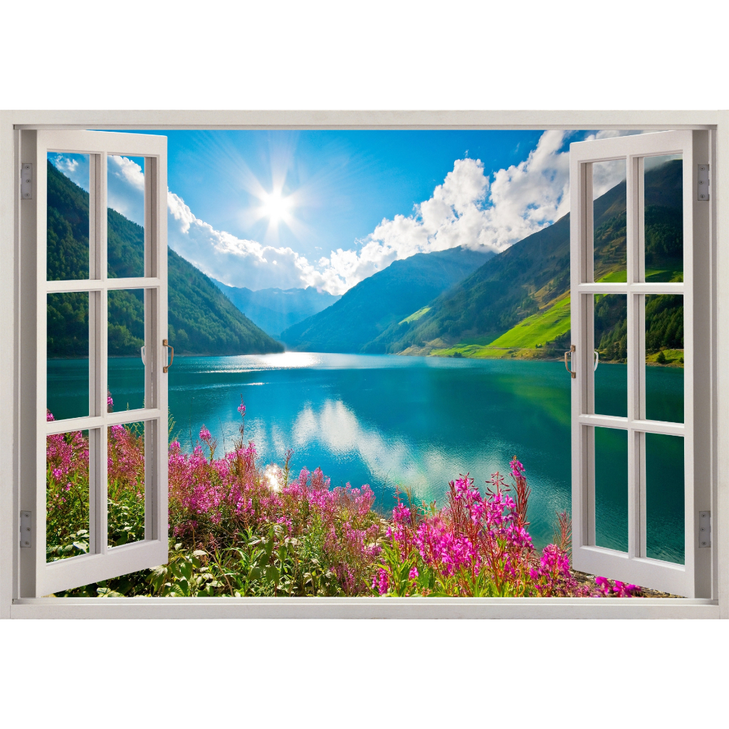 150x100cm - Adesivo Parede  Paisagem 3d Natureza Lago Campo Md26 Imita Janela