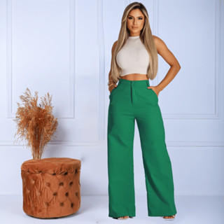 Calça Pantalona Social Linho Estilosa Botões Bolsos Lisa