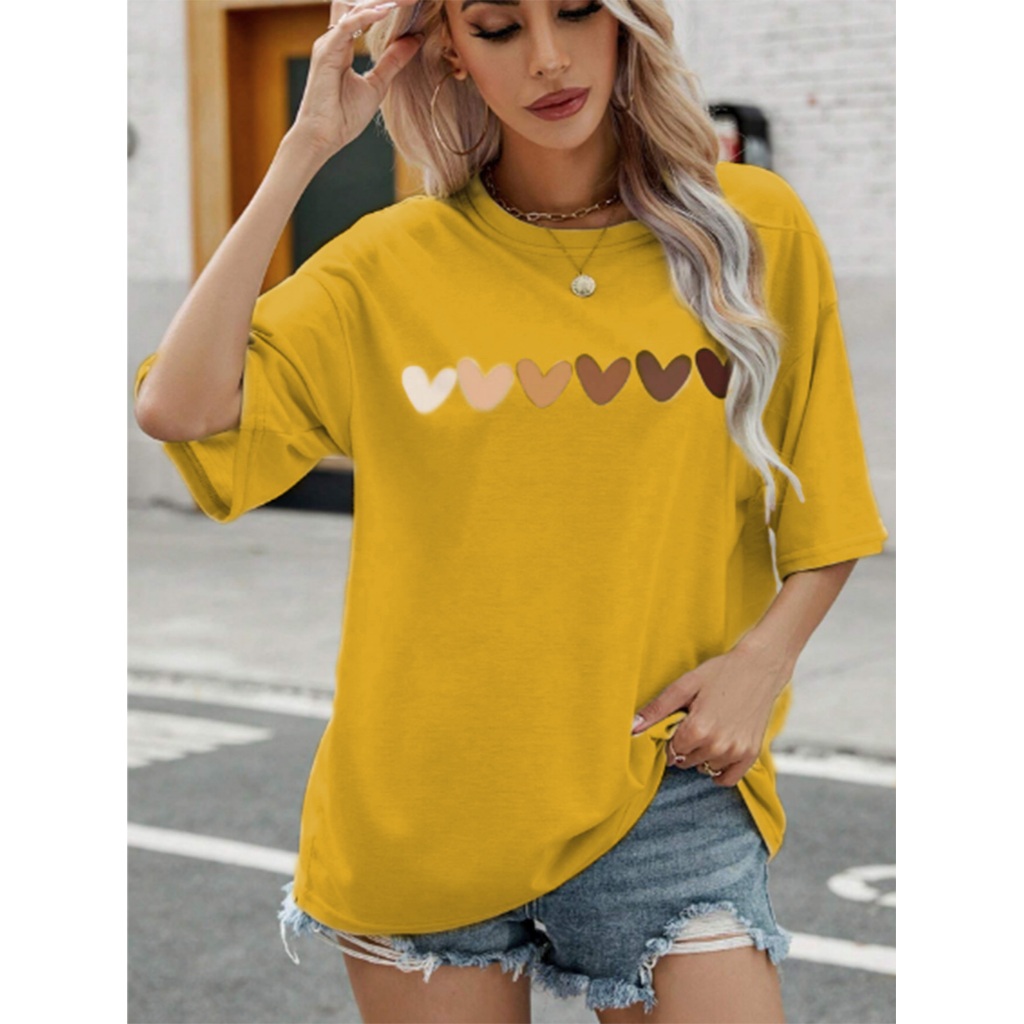 Camiseta Unissex Oversized Aesthetic Longa Manga Curta Tecido Confortável Estampada Corações Namora